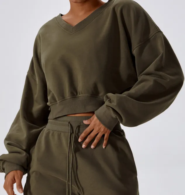 Women's Outdoor Keep Warm V neck Pullover Leisure Loose Long Sleeve Sweatshirt Green - Shop at LoveMi