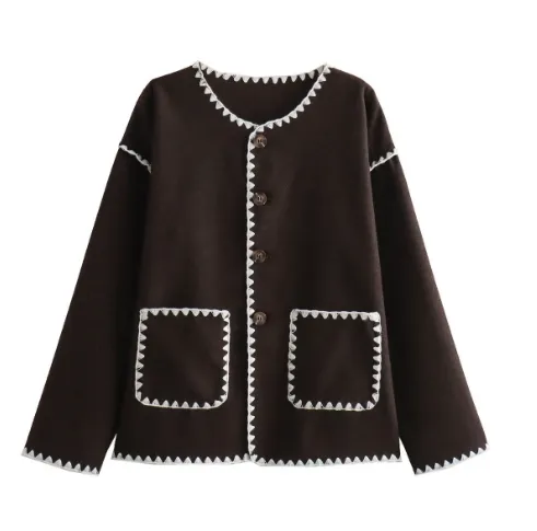 Graceful European And American Style Color Matching Pocket Decorative Woolen Fashionable Jacket Brown - Shop at LoveMi