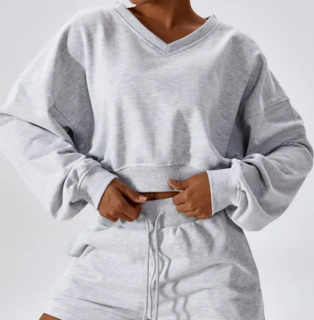 Women's Outdoor Keep Warm V neck Pullover Leisure Loose Long Sleeve Sweatshirt Shallow Flower Ash L Tops - Shop at LoveMi