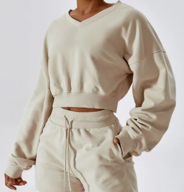 Women's Outdoor Keep Warm V-neck Pullover Leisure Loose Long Sleeve Sweatshirt - Linen-S-Tops