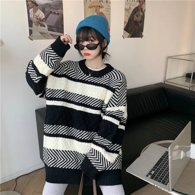 Striped Sweater Women's Loose Pullover Black - Shop at LoveMi