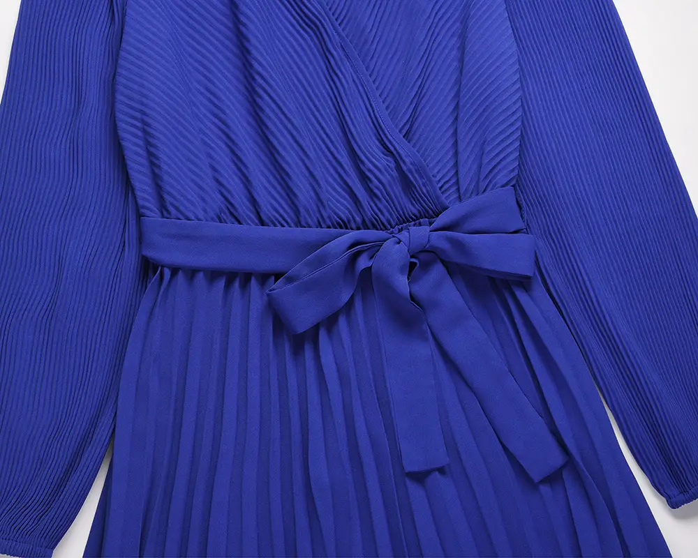 V-neck Long Sleeve Pleated A- Line Mid-length Dress
