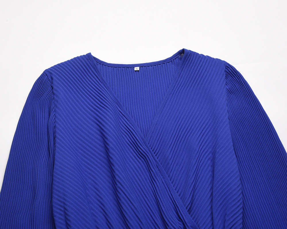 V-neck Long Sleeve Pleated A- Line Mid-length Dress