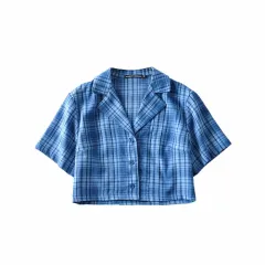 American Retro Loose Fitting Suit Collar Plaid Shirt - Blue Top - View 1