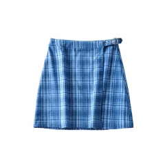 American Retro Loose Fitting Suit Collar Plaid Shirt - Blue Half Skirt - View 1