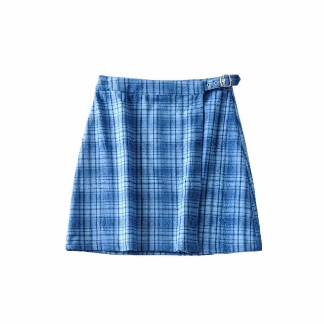 American Retro Loose Fitting Suit Collar Plaid Shirt Blue Half Skirt - Shop at LoveMi
