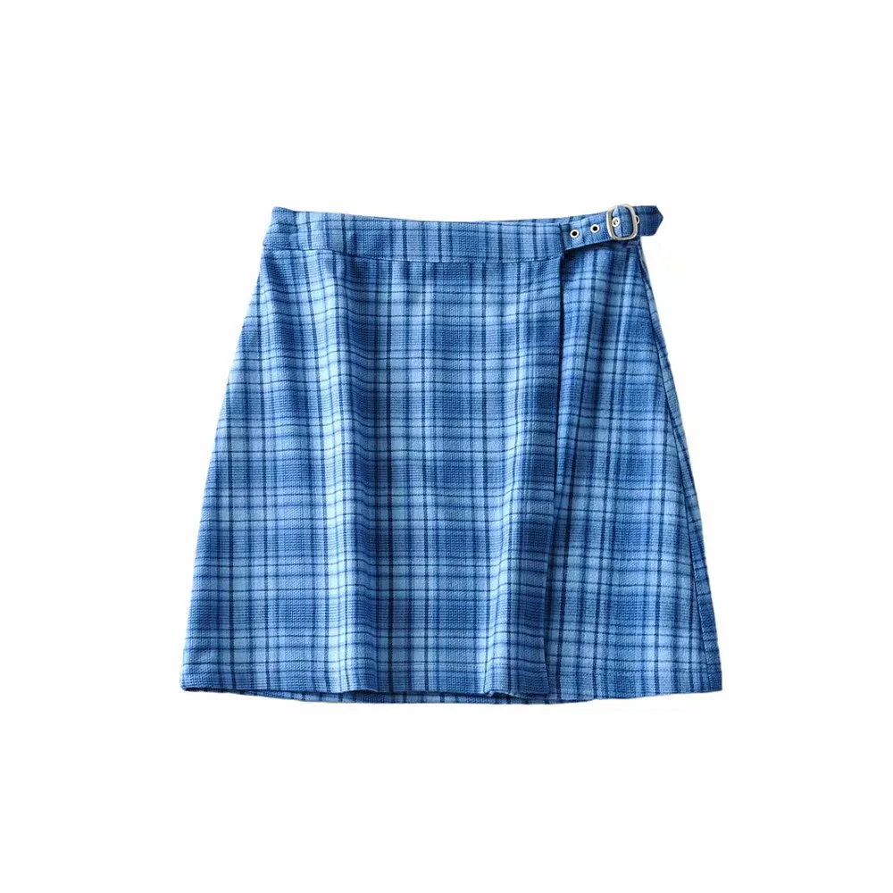 American Retro Loose Fitting Suit Collar Plaid Shirt - Blue Half Skirt