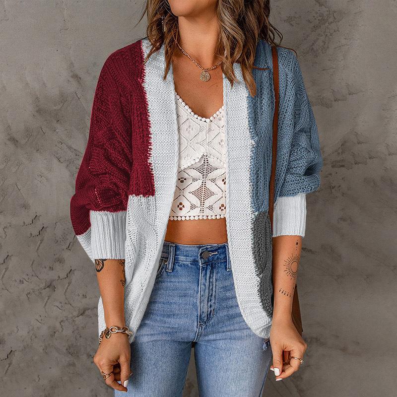 Color Stitching Knitted Cardigan Sweater Outside