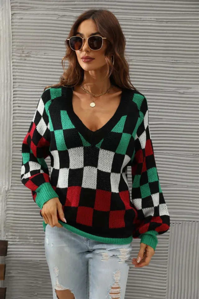 Women's V neck Plaid Contrast Large Knit Shirt Black - Shop at LoveMi