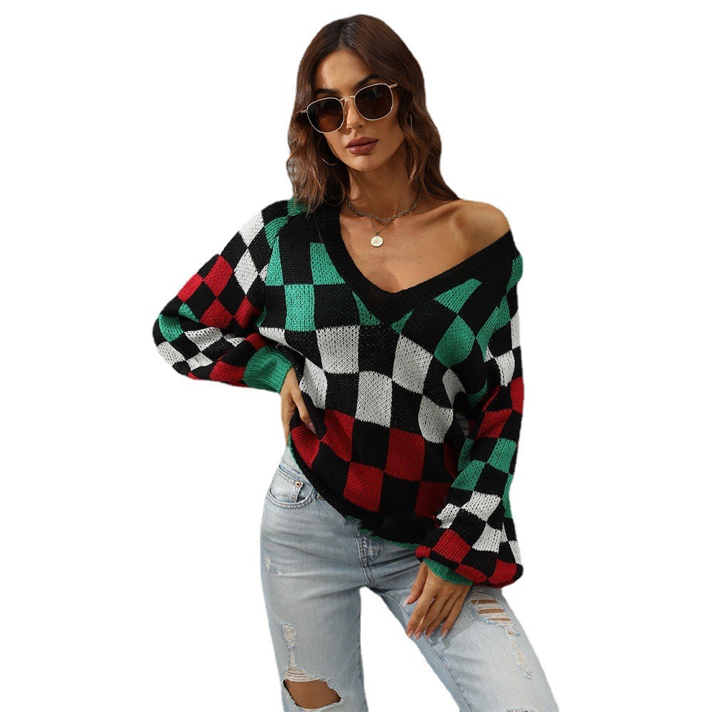 Women's V-neck Plaid Contrast Large Knit Shirt