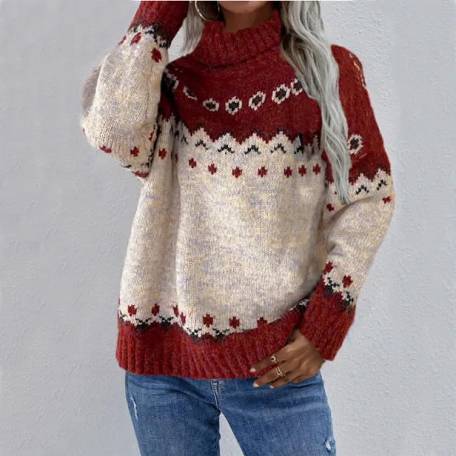 Turtleneck Knitted Sweater Christmas Loose Long Sleeve Jacquard Tops For Women Clothing Red - Shop at LoveMi