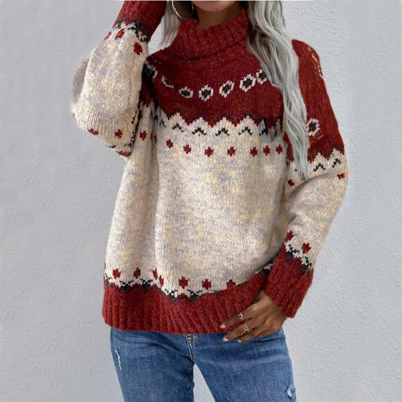 Turtleneck Knitted Sweater Christmas Loose Long Sleeve Jacquard Tops For Women Clothing - Red