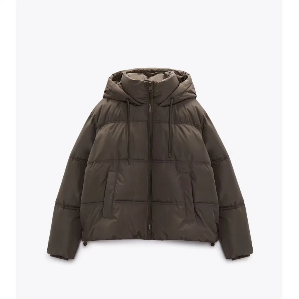 Women's Fashion Zipper Closed Hem Elastic Buckle Decorative Hooded Cotton Jacket - Coffee