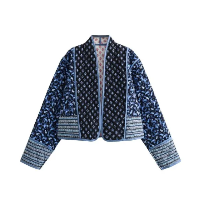 Women's Fashion Stand Collar Loose Two sided Quilted Cotton padded Jacket Blue - Shop at LoveMi