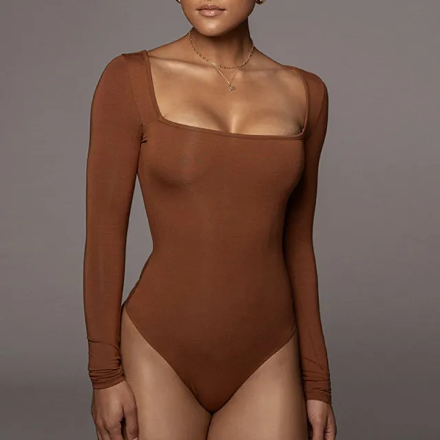 Velvet Padded Bottoming Shirt Women's Tight Long Sleeve Square neck Jumpsuit Brown - Shop at LoveMi