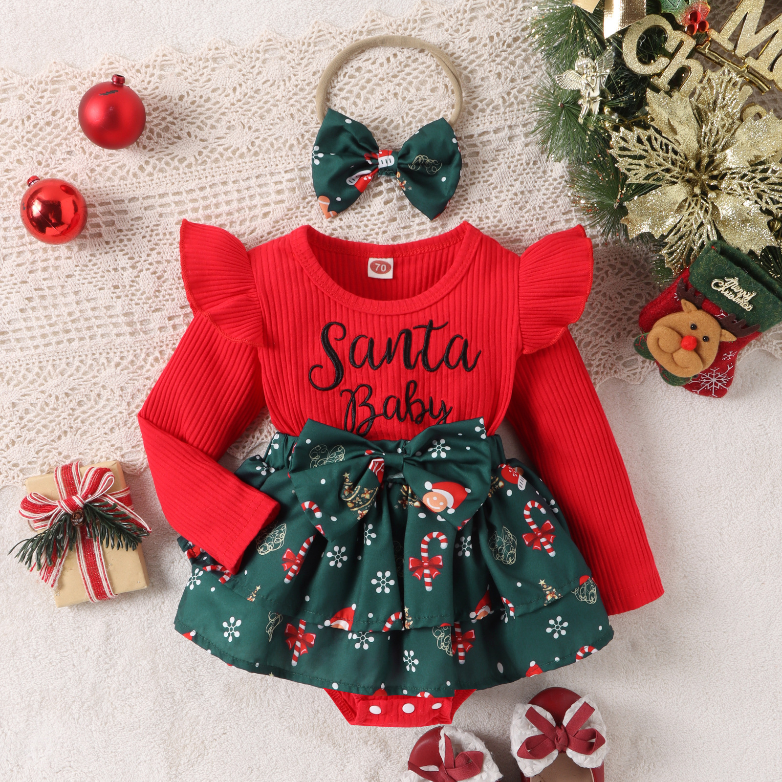 Sunken Stripe Letter Printed Skirt Bow Hair Band Suit