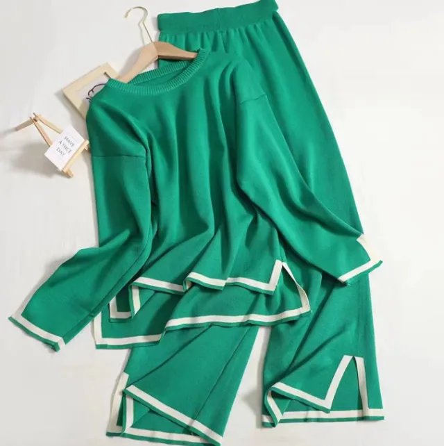 Women's Knitting Suit Sweater Top Two piece Pants Green - Shop at LoveMi
