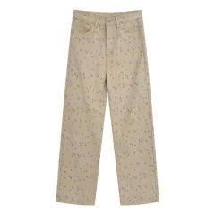 Refreshing Retro Small Floral Casual Loose Fitting Straight Tube Light Colored High Waisted Jeans For Women - Apricot - View 1