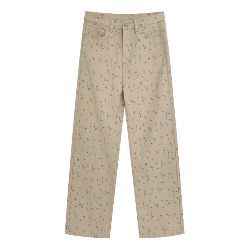Refreshing Retro Small Floral Casual Loose Fitting Straight Tube Light Colored High Waisted Jeans For Women - Apricot
