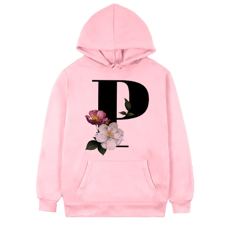 Women's 26-letter Flowers Printed Fleece Hoodie - Pink