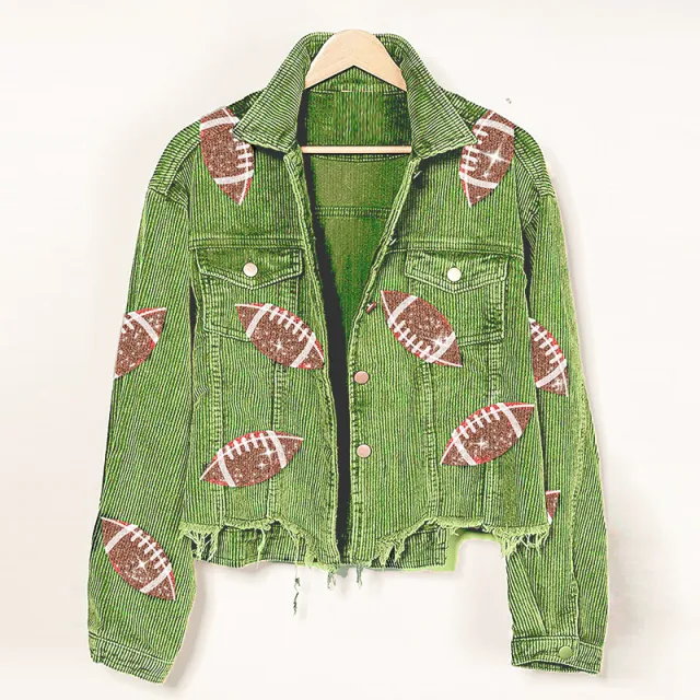Fashion Corduroy Jacket Fashion Rugby Print Baseball Jacket Autumn And Winter Tops Clothes For Women Green - Shop at LoveMi