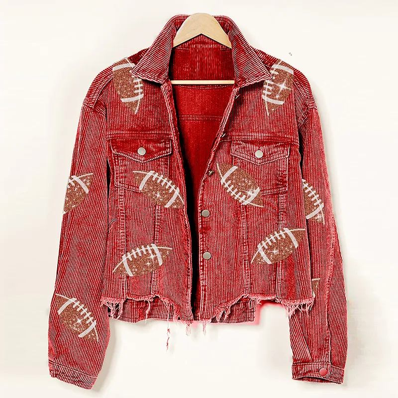 Fashion Corduroy Jacket Fashion Rugby Print Baseball Jacket Autumn And Winter Tops Clothes For Women - Red