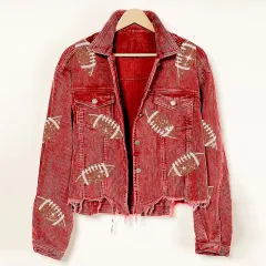 Fashion Corduroy Jacket Fashion Rugby Print Baseball Jacket Autumn And Winter Tops Clothes For Women - Red - View 1
