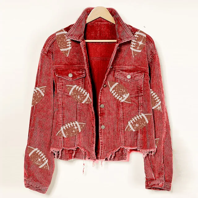 Fashion Corduroy Jacket Fashion Rugby Print Baseball Jacket Autumn And Winter Tops Clothes For Women Red - Shop at LoveMi