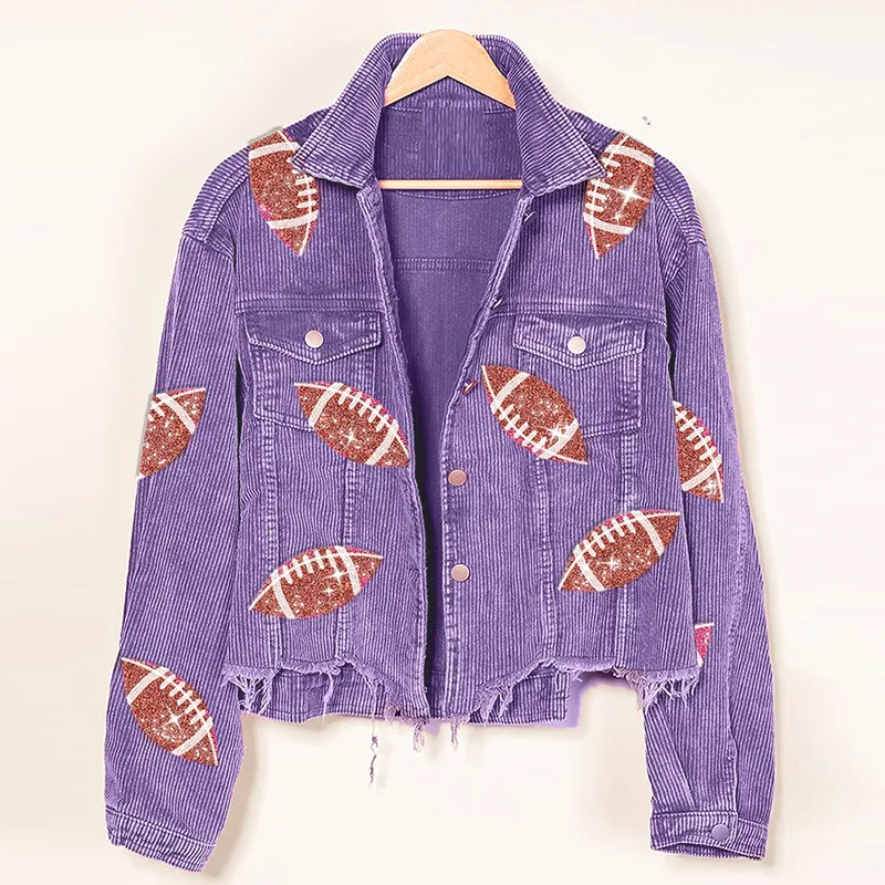 Fashion Corduroy Jacket Fashion Rugby Print Baseball Jacket Autumn And Winter Tops Clothes For Women - Purple