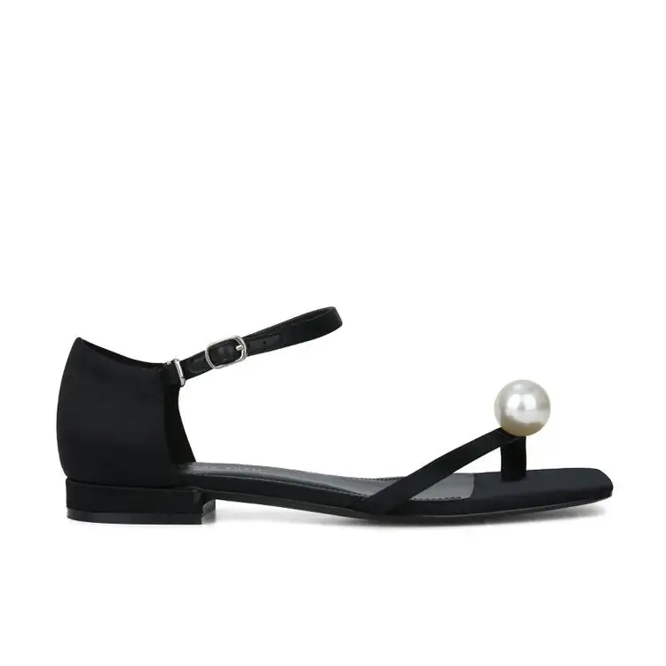 Women's Square Toe Pearl Flip-Toe Sandals with Ankle Strap