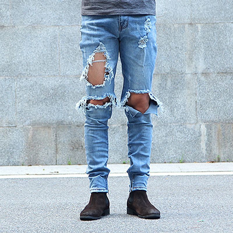 Men's Stretch Slim-fit Slit Chain Ripped Jeans