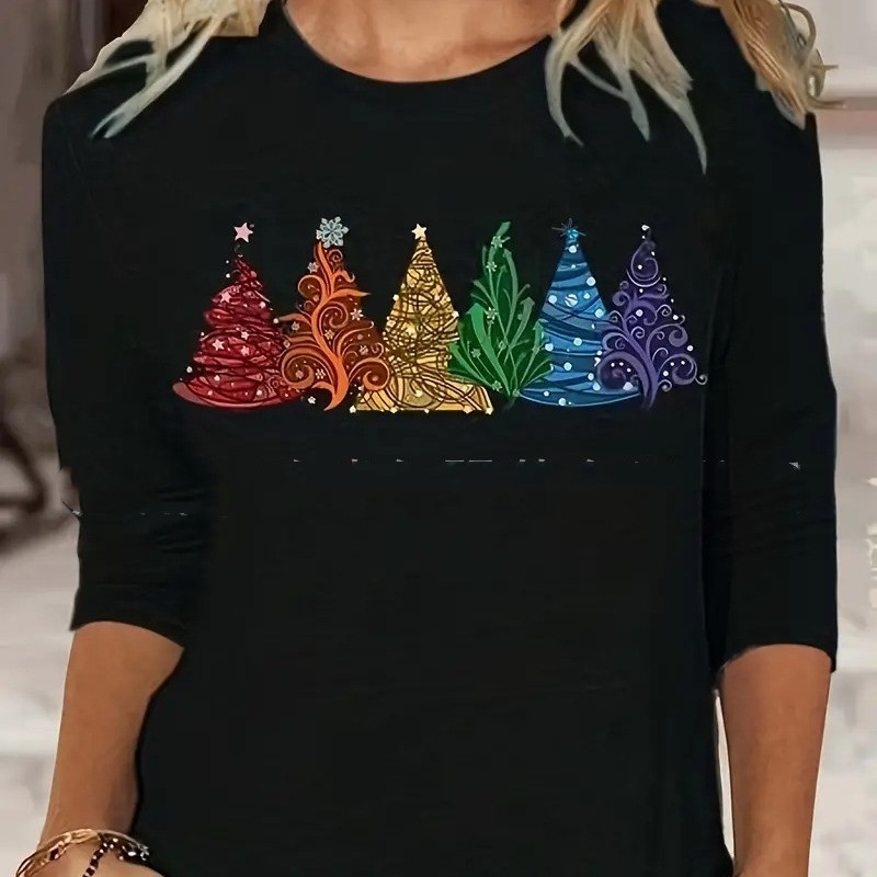 Christmas Tree Print Top Round Neck Shirt Long Sleeve Women's Clothing