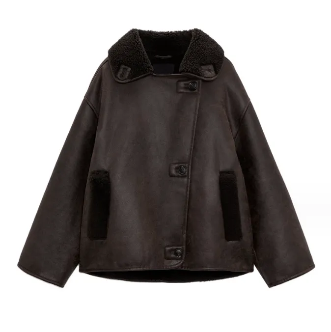 Faux Leather Double-sided Jacket European And American Locomotive Long Breasted Coat - Coffee