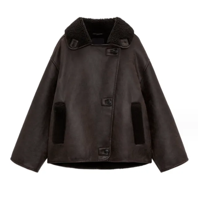 Faux Leather Double sided Jacket European And American Locomotive Long Breasted Coat Coffee - Shop at LoveMi