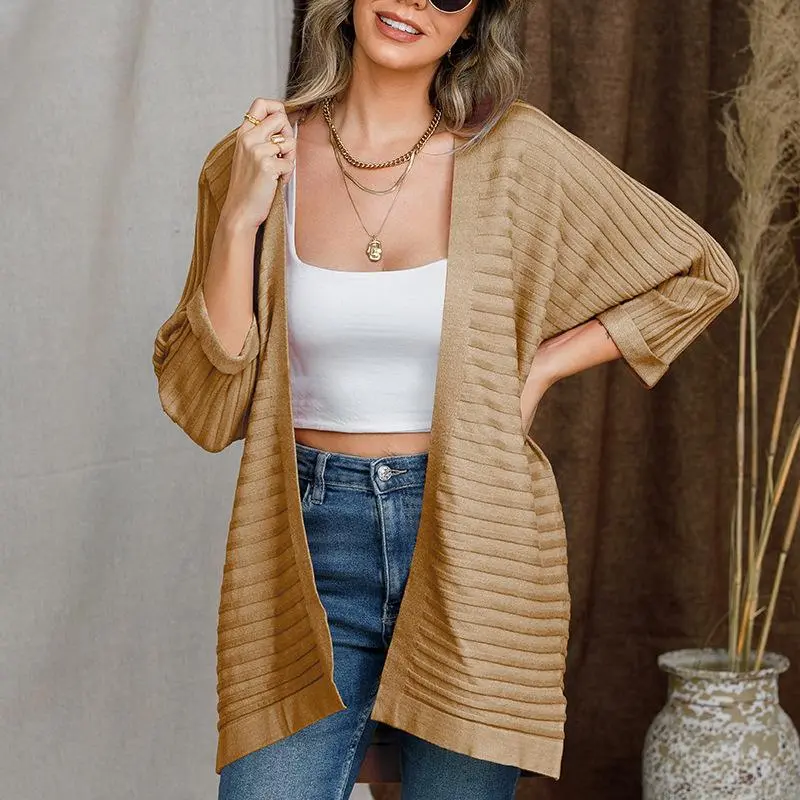 Women's Commuter Thin Medium Length Knitwear Cardigan Sweater - Khaki