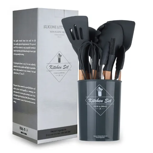 Wooden Handle Silicone Cooking Utensils Set Dark Grey Suit Large Bucket - Shop at LoveMi