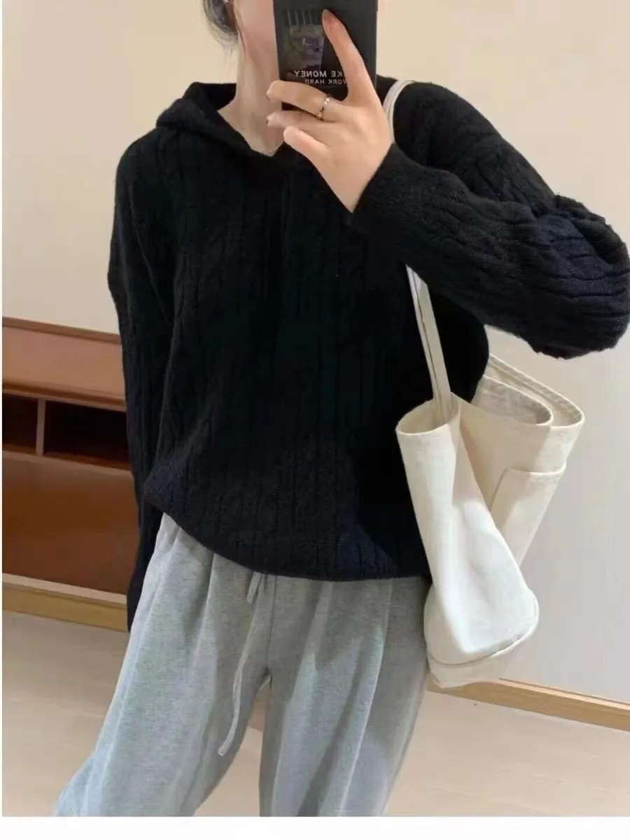 Casual Versatile Loose Knit Pullover - Black