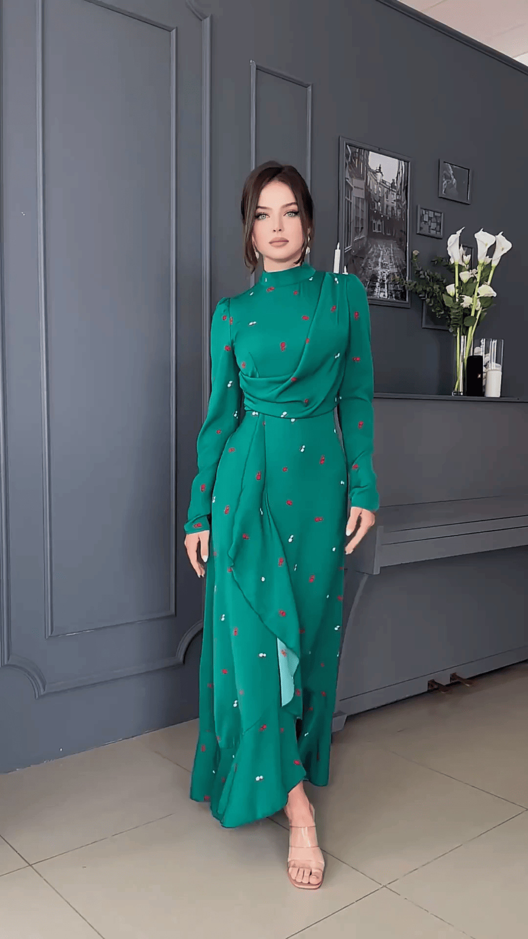 Long Sleeve Slim Fit Ruffled Large Swing Dress