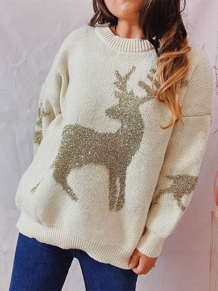 Women's Fashionable Loose Gold Jacquard Deer Pattern Round Neck Sweater
