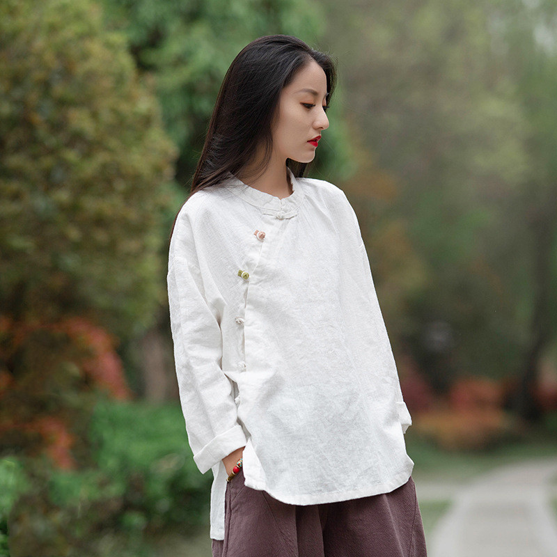 Autumn And Winter New Cotton And Linen Women’s Retro Stand Collar Side Opening Color Matching Blouse