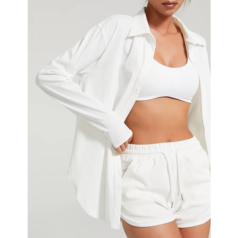 Sport Shirt Coat Lapel Buttons For Women - White