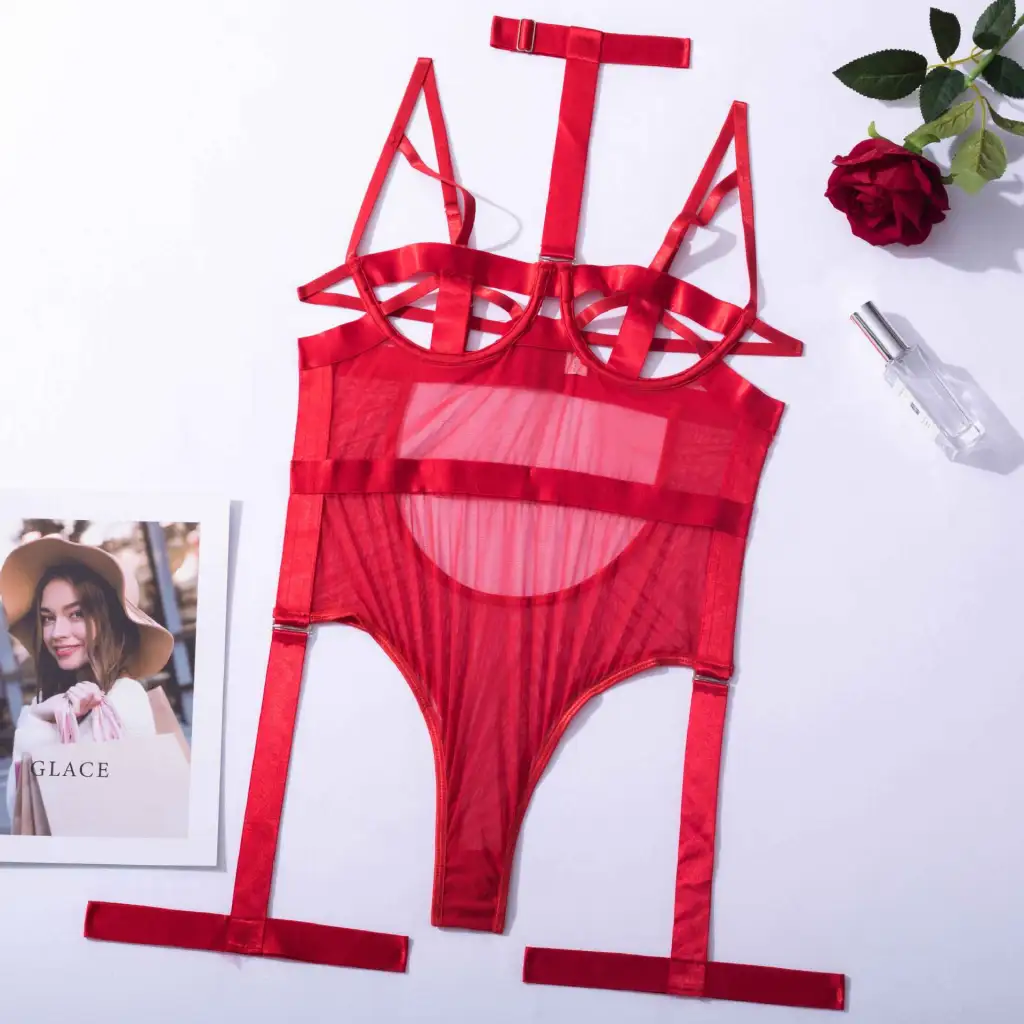 Sexy Lingerie Bodysuit With Halter Neck And Garter - Red