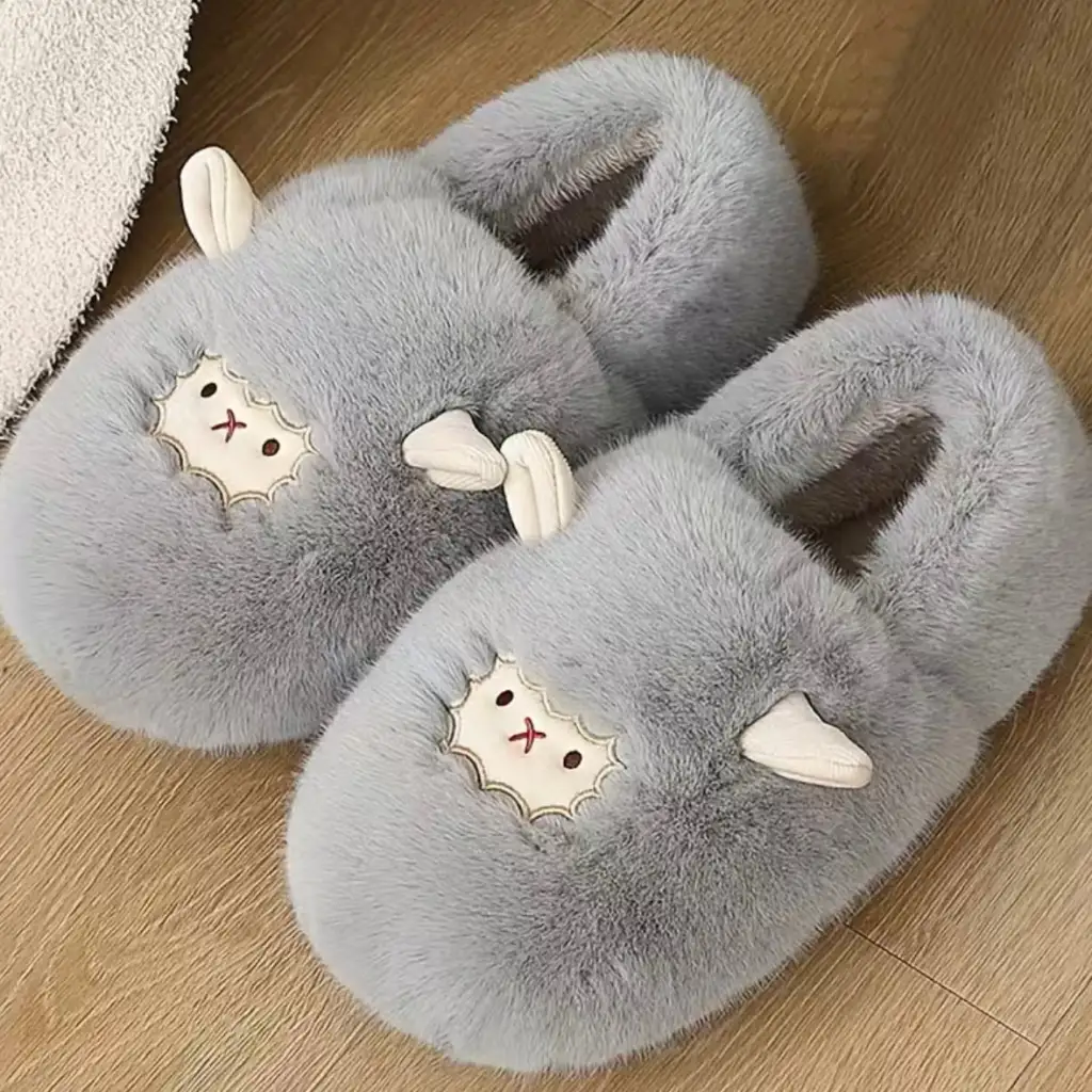Winter Warm Slugged Bottom Home Couple Fluffy Cotton Slippers Confinement Shoes - Grey