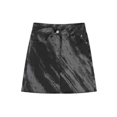 Women's Retro Grey Tie Dyed Letter Printed Denim Skirt - Dark Grey - View 1