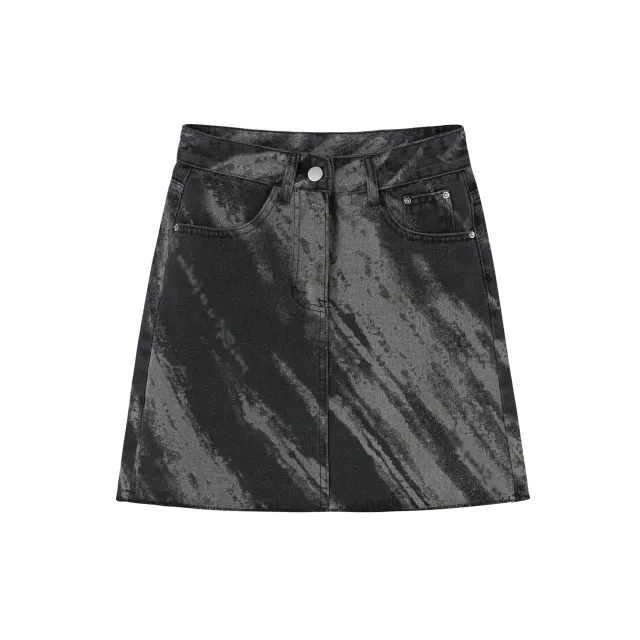 Women's Retro Gray Tie Dyed Letter Printed Denim Skirt Dark Grey - Shop at LoveMi