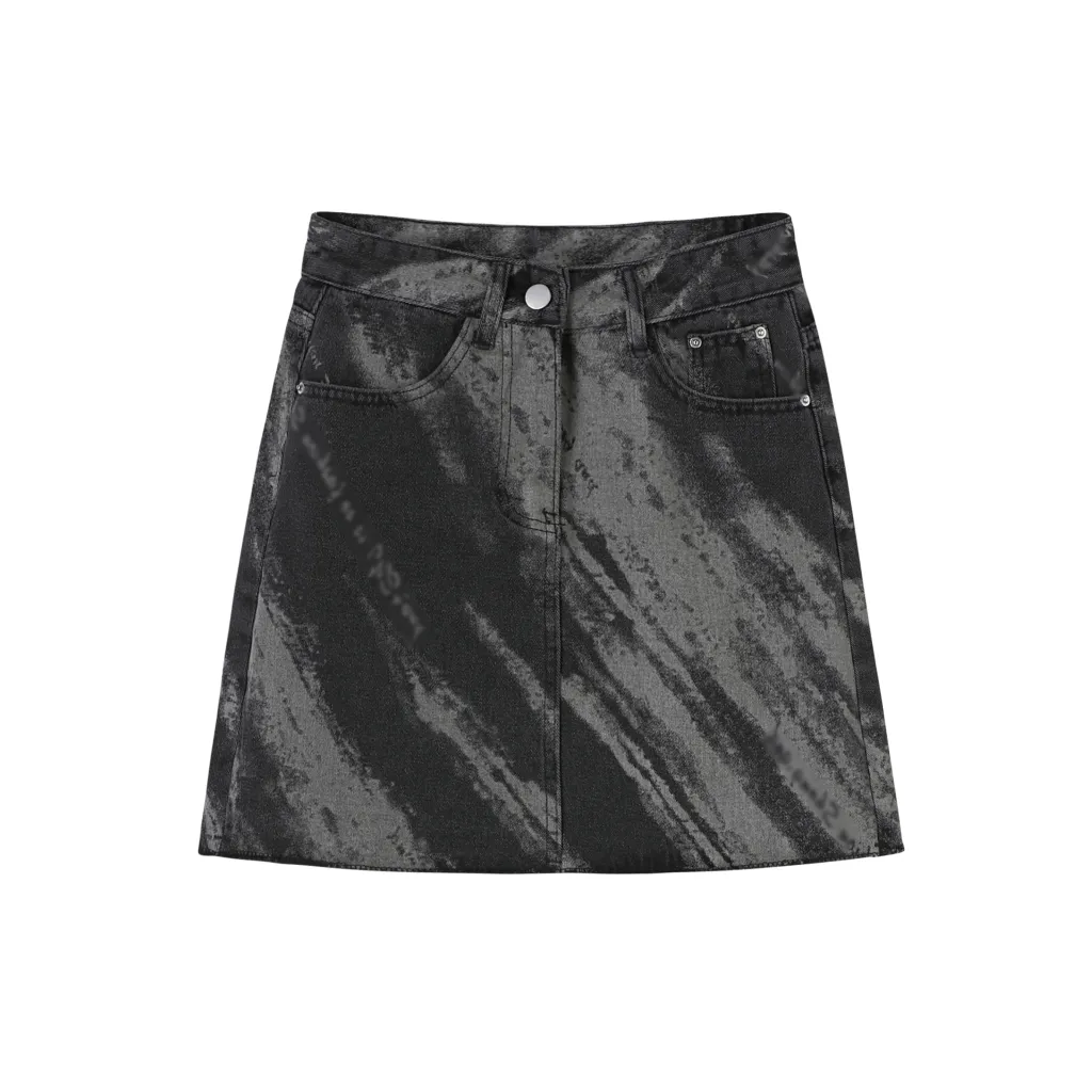 Women's Retro Gray Tie Dyed Letter Printed Denim Skirt - Dark Grey