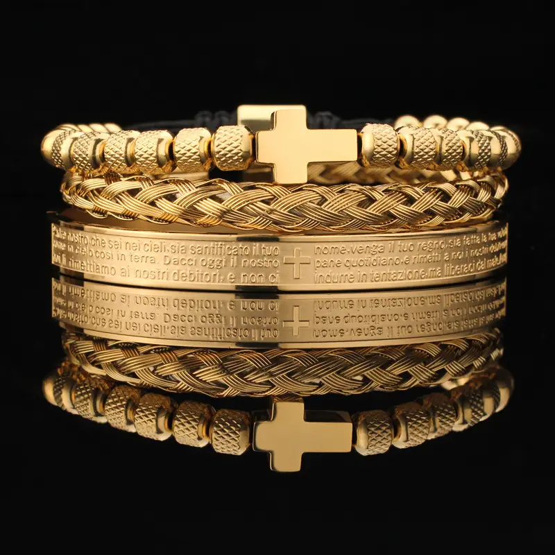 3Piece Scripture Cross Bracelet Stainless Steel Braided Stretch Twine