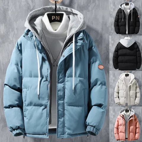 Fashion Hooded Jacket Men Winter Windproof Thickened Fake Two-piece
