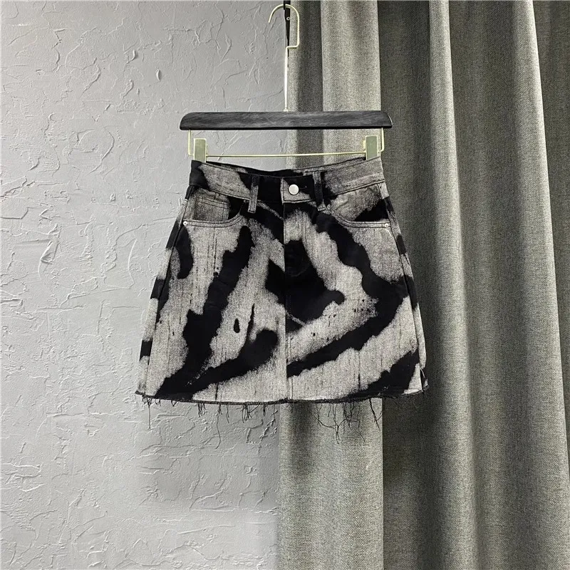 Summer High Waist Slim Personalized Pattern Denim Skirt - Grey