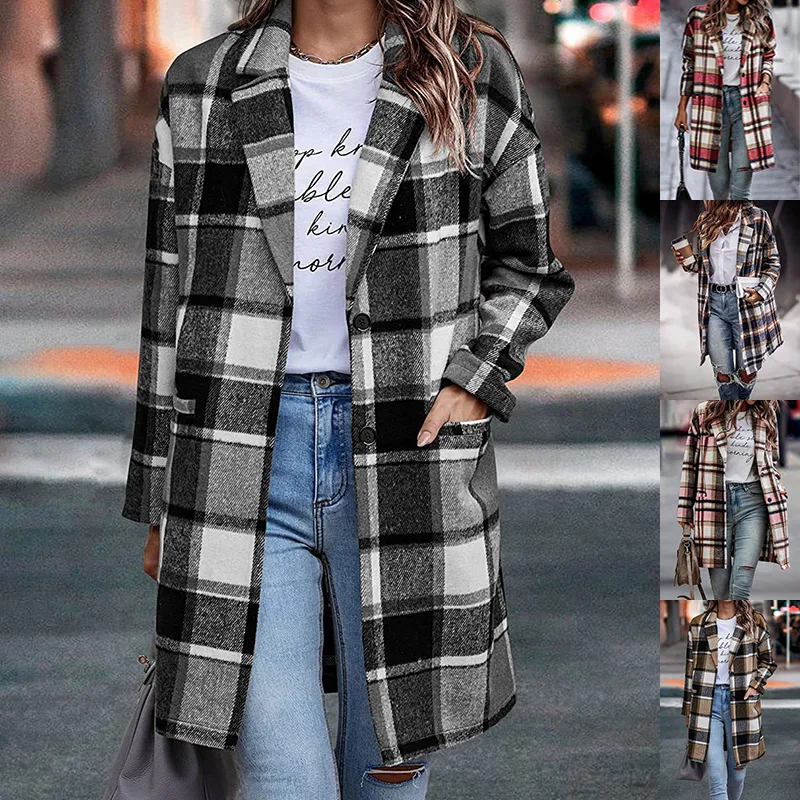 Fashion Plaid Long Jacket with Pockets Autumn and Winter